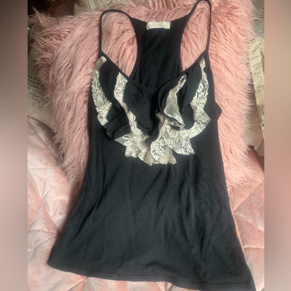 Y2K lush Black top with Cream Lace Ruffles